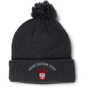 imageCustom Pom Pom Beanies for Women Poland Polska Seal Flag Embroidery Skull Cap Winter Hats for Men 1 SizeBlack Personalized Text Here