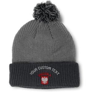imageCustom Pom Pom Beanies for Women Poland Polska Seal Flag Embroidery Skull Cap Winter Hats for Men 1 SizeGrey Black Personalized Text Here