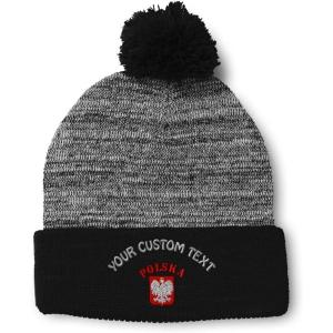 imageCustom Pom Pom Beanies for Women Poland Polska Seal Flag Embroidery Skull Cap Winter Hats for Men 1 SizeHeather Gray Black Personalized Text Here