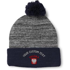 imageCustom Pom Pom Beanies for Women Poland Polska Seal Flag Embroidery Skull Cap Winter Hats for Men 1 SizeHeather Gray Navy Personalized Text Here