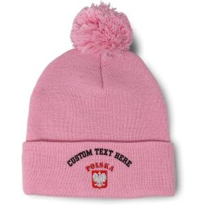 imageCustom Pom Pom Beanies for Women Poland Polska Seal Flag Embroidery Skull Cap Winter Hats for Men 1 SizeSoft Pink Personalized Text Here