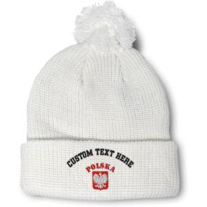 imageCustom Pom Pom Beanies for Women Poland Polska Seal Flag Embroidery Skull Cap Winter Hats for Men 1 SizeWhite Personalized Text Here
