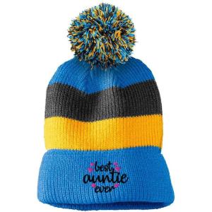 imageCustom Vintage Pom Pom Beanie Best Auntie Ever Pink Embroidery Acrylic Skull Cap Hat for Men ampamp Women Light Blue Stripes Design Only