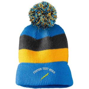 imageCustom Vintage Pom Pom Beanie Flash Lightning Bolt Embroidery Acrylic Skull Cap Hat for Men ampamp Women Light Blue Stripes Personalized Text Here