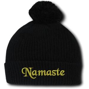 imageSpeedy Pros Namaste Embroidery Embroidered Pom Pom Beanie Skully Hat Cap Black