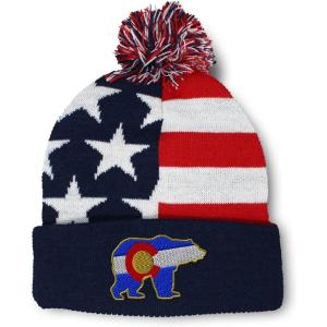 imageSpeedy Pros Pom Pom Beanies for Women Colorado State Flag Bear Embroidery Skull Cap Winter Hats for Men Acrylic 1 SizeAmerican Flag Design Only