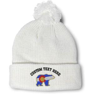 imageSpeedy Pros Pom Pom Beanies for Women Colorado State Flag Bear Embroidery Skull Cap Winter Hats for Men Acrylic 1 SizeWhite Personalized Text Here