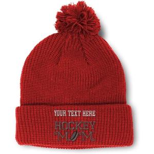 imageSpeedy Pros Pom Pom Beanies for Women Hockey Mom A Embroidery Skull Cap Humor Winter Hats for Men Acrylic 1 SizeRed Personalized Text Here