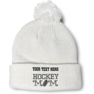 imageSpeedy Pros Pom Pom Beanies for Women Hockey Mom A Embroidery Skull Cap Humor Winter Hats for Men Acrylic 1 SizeWhite Personalized Text Here