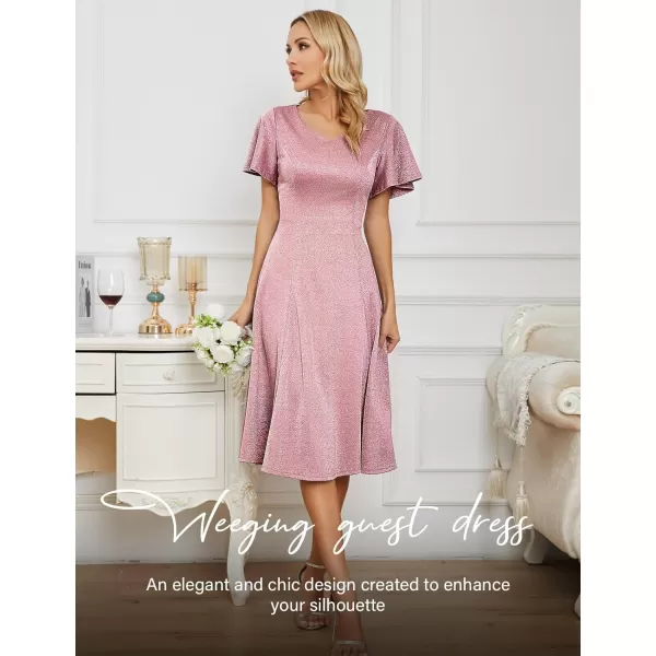 HomRain Ruffle Sleeve Cocktail Dresses for Wedding Guest Fit and Flare Tea Length Party Dress