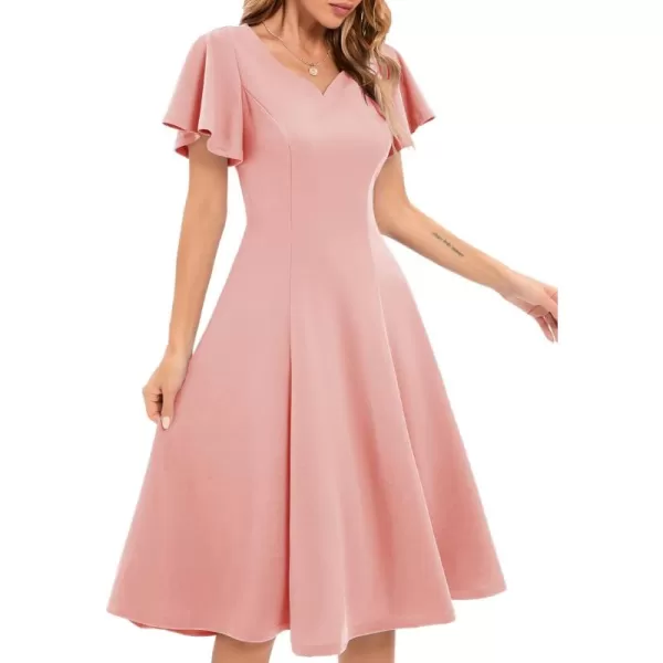 HomRain Ruffle Sleeve Cocktail Dresses for Wedding Guest Fit and Flare Tea Length Party Dress