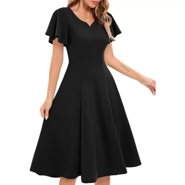 HomRain Ruffle Sleeve Cocktail Dresses for Wedding Guest Fit and Flare Tea Length Party Dress