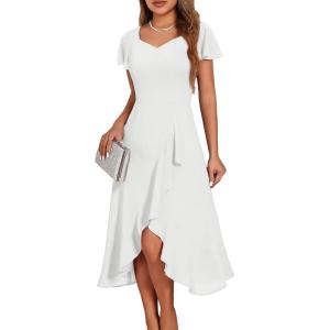 imageHomRain V Neck Formal Wedding Guest Bridesmaid Dresses for Women 2025 Ruffle Sleeves for Cocktail Graduation Modest DressWhite
