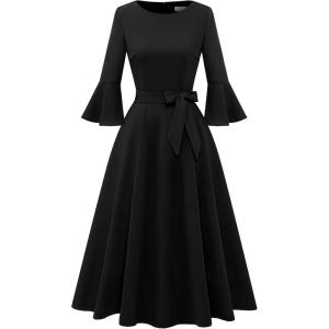 imageHomRain Womens Church Dresses for 2025 Wedding Guest Cocktail Tea Party Bell Sleeve Vintage Evening Graduation DressBlack