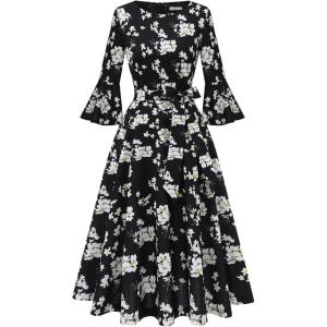 imageHomRain Womens Church Dresses for 2025 Wedding Guest Cocktail Tea Party Bell Sleeve Vintage Evening Graduation DressBlack White Flower