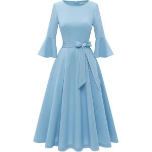imageHomRain Womens Church Dresses for 2025 Wedding Guest Cocktail Tea Party Bell Sleeve Vintage Evening Graduation DressBlue