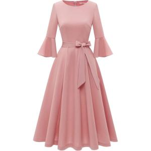 imageHomRain Womens Church Dresses for 2025 Wedding Guest Cocktail Tea Party Bell Sleeve Vintage Evening Graduation DressBlush