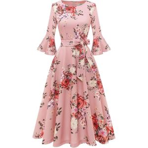imageHomRain Womens Church Dresses for 2025 Wedding Guest Cocktail Tea Party Bell Sleeve Vintage Evening Graduation DressBlush Flower