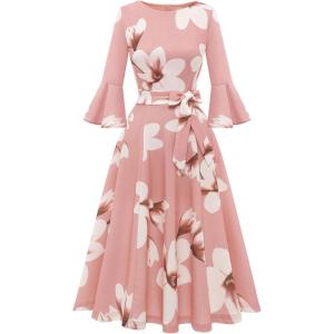imageHomRain Womens Church Dresses for 2025 Wedding Guest Cocktail Tea Party Bell Sleeve Vintage Evening Graduation DressBlush White Flower