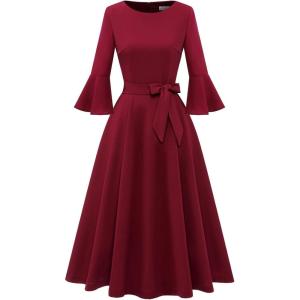 imageHomRain Womens Church Dresses for 2025 Wedding Guest Cocktail Tea Party Bell Sleeve Vintage Evening Graduation DressBurgundy