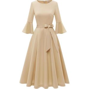 imageHomRain Womens Church Dresses for 2025 Wedding Guest Cocktail Tea Party Bell Sleeve Vintage Evening Graduation DressChampagne