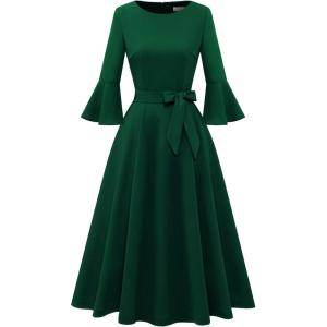 imageHomRain Womens Church Dresses for 2025 Wedding Guest Cocktail Tea Party Bell Sleeve Vintage Evening Graduation DressDark Green