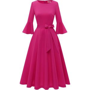 imageHomRain Womens Church Dresses for 2025 Wedding Guest Cocktail Tea Party Bell Sleeve Vintage Evening Graduation DressFuchsia