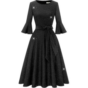 imageHomRain Womens Church Dresses for 2025 Wedding Guest Cocktail Tea Party Bell Sleeve Vintage Evening Graduation DressGlitterblack