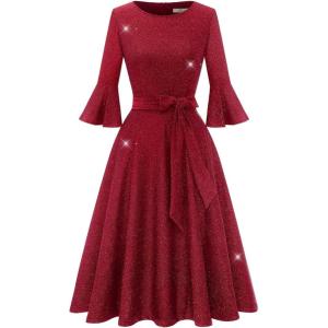 imageHomRain Womens Church Dresses for 2025 Wedding Guest Cocktail Tea Party Bell Sleeve Vintage Evening Graduation DressGlitterburgundy