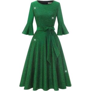 imageHomRain Womens Church Dresses for 2025 Wedding Guest Cocktail Tea Party Bell Sleeve Vintage Evening Graduation DressGlittergreen