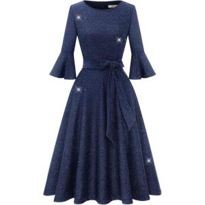 imageHomRain Womens Church Dresses for 2025 Wedding Guest Cocktail Tea Party Bell Sleeve Vintage Evening Graduation DressGlitternavy