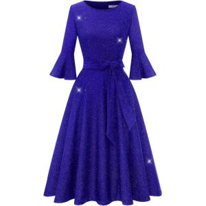 imageHomRain Womens Church Dresses for 2025 Wedding Guest Cocktail Tea Party Bell Sleeve Vintage Evening Graduation DressGlitterroyalblue