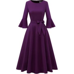 imageHomRain Womens Church Dresses for 2025 Wedding Guest Cocktail Tea Party Bell Sleeve Vintage Evening Graduation DressGrape