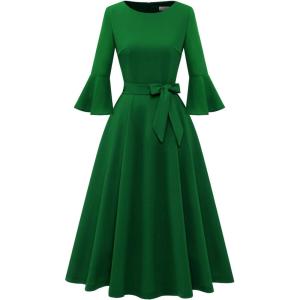 imageHomRain Womens Church Dresses for 2025 Wedding Guest Cocktail Tea Party Bell Sleeve Vintage Evening Graduation DressGreen