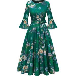 imageHomRain Womens Church Dresses for 2025 Wedding Guest Cocktail Tea Party Bell Sleeve Vintage Evening Graduation DressGreen Flower