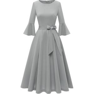imageHomRain Womens Church Dresses for 2025 Wedding Guest Cocktail Tea Party Bell Sleeve Vintage Evening Graduation DressGrey
