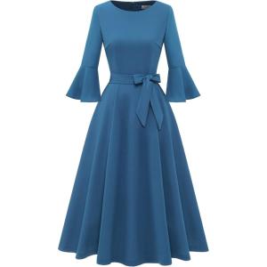 imageHomRain Womens Church Dresses for 2025 Wedding Guest Cocktail Tea Party Bell Sleeve Vintage Evening Graduation DressGreyblue