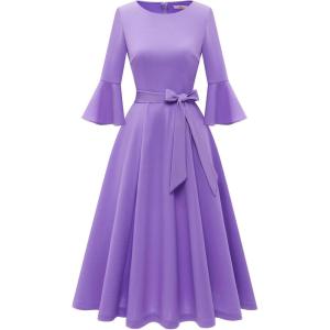 imageHomRain Womens Church Dresses for 2025 Wedding Guest Cocktail Tea Party Bell Sleeve Vintage Evening Graduation DressLavender
