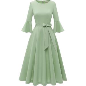 imageHomRain Womens Church Dresses for 2025 Wedding Guest Cocktail Tea Party Bell Sleeve Vintage Evening Graduation DressLightgreen