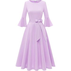 imageHomRain Womens Church Dresses for 2025 Wedding Guest Cocktail Tea Party Bell Sleeve Vintage Evening Graduation DressLilac