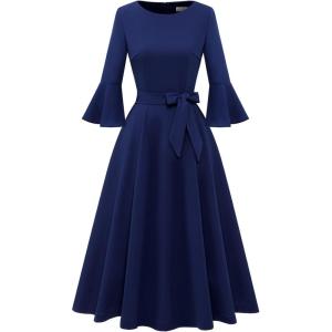 imageHomRain Womens Church Dresses for 2025 Wedding Guest Cocktail Tea Party Bell Sleeve Vintage Evening Graduation DressNavy