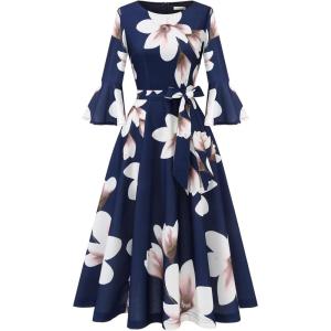 imageHomRain Womens Church Dresses for 2025 Wedding Guest Cocktail Tea Party Bell Sleeve Vintage Evening Graduation DressNavy Blue Flower