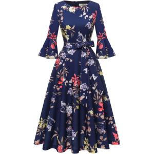 imageHomRain Womens Church Dresses for 2025 Wedding Guest Cocktail Tea Party Bell Sleeve Vintage Evening Graduation DressNavy Flower