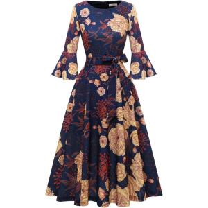 imageHomRain Womens Church Dresses for 2025 Wedding Guest Cocktail Tea Party Bell Sleeve Vintage Evening Graduation DressNavy Yellow Flower