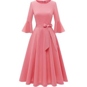 imageHomRain Womens Church Dresses for 2025 Wedding Guest Cocktail Tea Party Bell Sleeve Vintage Evening Graduation DressPeach