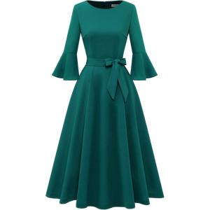 imageHomRain Womens Church Dresses for 2025 Wedding Guest Cocktail Tea Party Bell Sleeve Vintage Evening Graduation DressPeacock