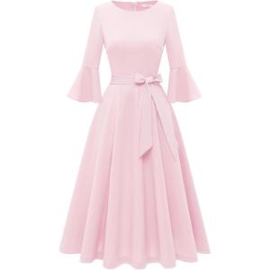 imageHomRain Womens Church Dresses for 2025 Wedding Guest Cocktail Tea Party Bell Sleeve Vintage Evening Graduation DressPink