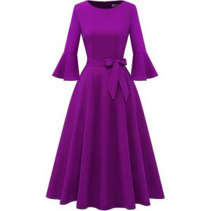 imageHomRain Womens Church Dresses for 2025 Wedding Guest Cocktail Tea Party Bell Sleeve Vintage Evening Graduation DressPurple