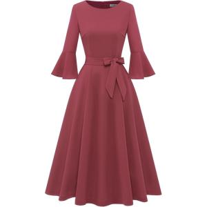 imageHomRain Womens Church Dresses for 2025 Wedding Guest Cocktail Tea Party Bell Sleeve Vintage Evening Graduation DressRaspberry
