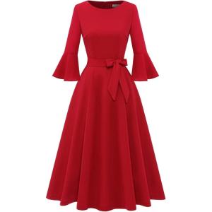 imageHomRain Womens Church Dresses for 2025 Wedding Guest Cocktail Tea Party Bell Sleeve Vintage Evening Graduation DressRed